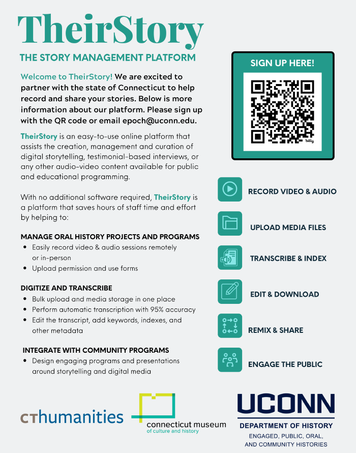 Advertisement for TheirStory, a platform for managing oral history projects. Includes features like video recording, transcription, and community engagement. Mentions sponsors and includes a QR code.